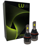 Two LUMI Stage 3 9007 LED Headlight Bulbs with advanced CSP chips and a bright 6000K color temperature are shown in front of a black Lumi box accented with green lines and the text â€œSTAGE PREMIUM LED.â€.