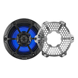 Carbon-pattern DS18 marine speaker illuminated blue beside its detached silver honeycomb grille