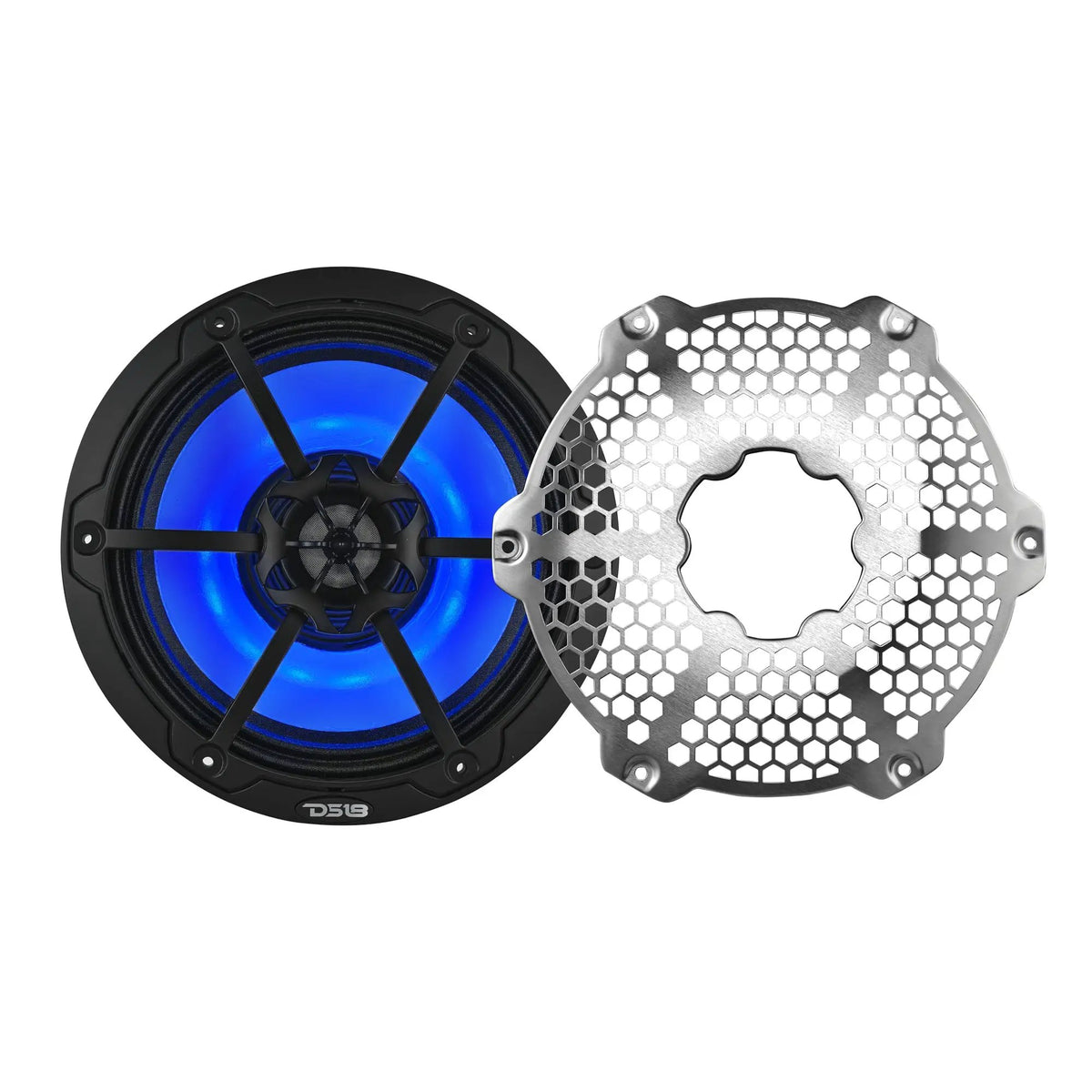 Black DS18 speaker with blue lighting and its silver honeycomb grille shown removed