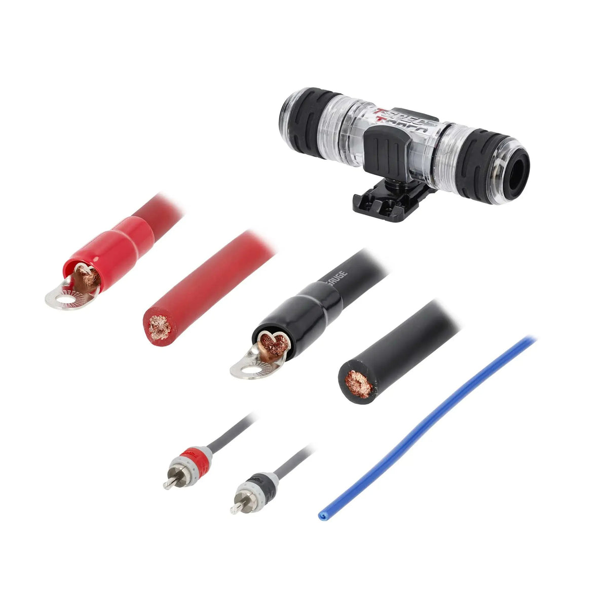 Alternate layout of T-Spec wiring components showing the fuse holder, cable ends and RCA plugs