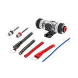 Alternate angle of T-Spec wiring details with a fuse holder, ring terminals and RCA plugs