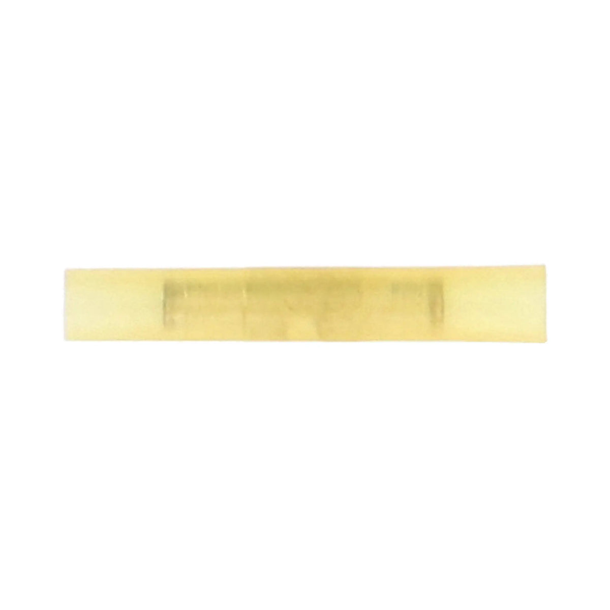 Side view of a translucent yellow insulated butt connector