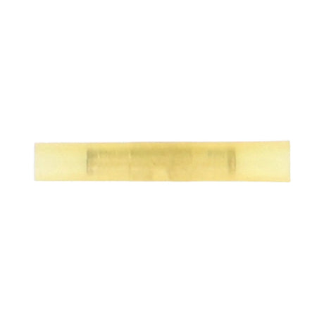 Side view of a translucent yellow insulated butt connector