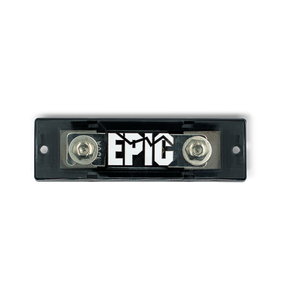 A black rectangular automotive electrical terminal block with two silver metal screw terminals and a prominent white 'EPIC' logo on the front, isolated on a white background.