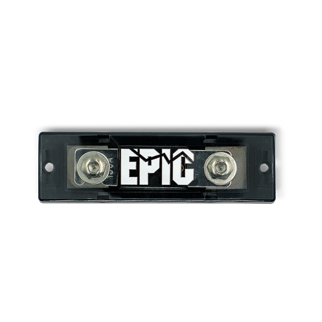 A black rectangular automotive electrical terminal block with two silver metal screw terminals and a prominent white 'EPIC' logo on the front, isolated on a white background.
