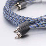 A close-up of a braided audio cable with blue, gray, and white twisted strands, featuring black connectors with silver metal pins and a visible embossed 'ETEC' brand on the connector housing.