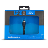 AudioControl EpiC RCA Line-In adapter cable in retail packaging, featuring a blue and black box with a visible 2-pin plug through a clear window.