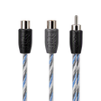 Three audio cable connectors shown against a white background, featuring a black and gray FR-3G cable with a blue and gray striped braided jacket.
