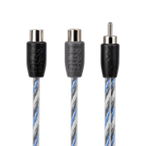 Three audio cable connectors shown against a white background, featuring a black and gray FR-3G cable with a blue and gray striped braided jacket.
