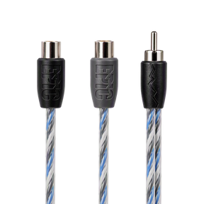 Three audio cable connectors shown against a white background, featuring a black and gray FR-3G cable with a blue and gray striped braided jacket.