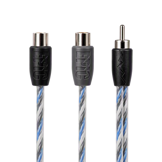 Three audio cable connectors shown against a white background, featuring a black and gray FR-3G cable with a blue and gray striped braided jacket.