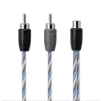 Three audio RCA connectors on a white background, showing black and gray plastic housings with a blue, gray, and white striped cable.