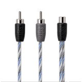 Three audio RCA connectors on a white background, showing black and gray plastic housings with a blue, gray, and white striped cable.