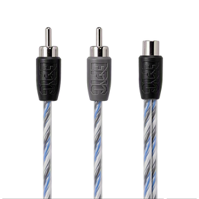 Three audio RCA connectors on a white background, showing black and gray plastic housings with a blue, gray, and white striped cable.