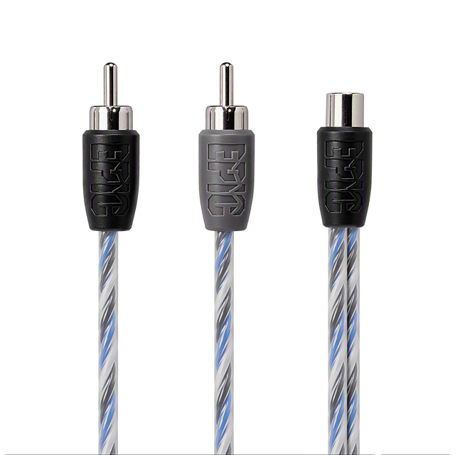 Three audio RCA connectors on a white background, showing black and gray plastic housings with a blue, gray, and white striped cable.