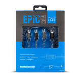 AudioControl Epic RCA Twist Core 20-foot audio cable in retail packaging, featuring a blue and black twisted cable visible through a clear window on a white background.