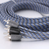 A coiled audio cable with a blue, gray, and black striped braided outer layer, featuring three gray connector heads with silver pins on a white background. The brand name 'EPIC' is embossed on the connector housings.