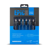 AudioControl Epic RCA Twist Core cable in retail packaging, featuring a 17-foot triaxial cable with six RCA connectors, shown in a black and blue box.