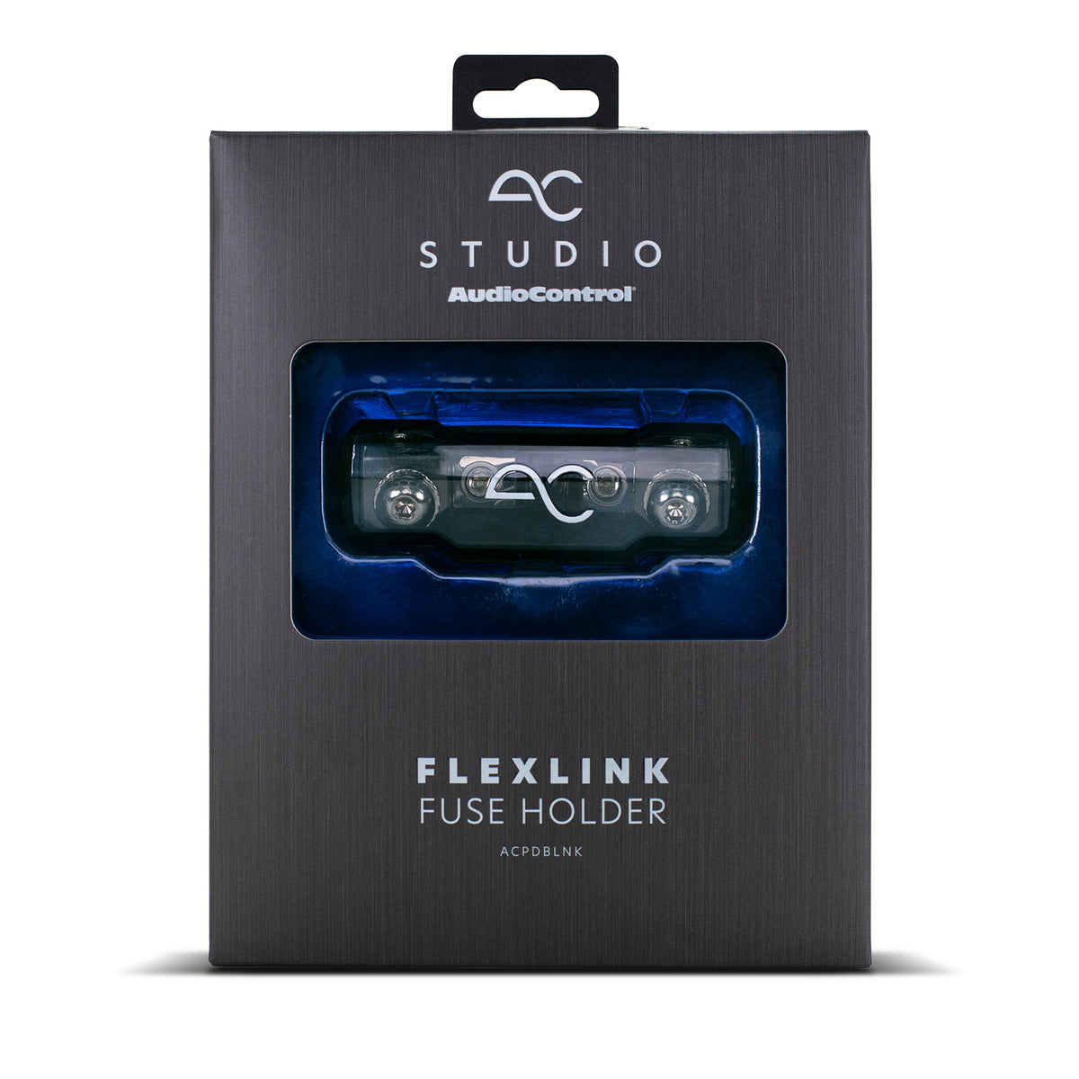 AudioControl FlexLink Fuse Holder in its original retail packaging, featuring a dark metallic textured box with a clear window displaying the fuse holder inside.