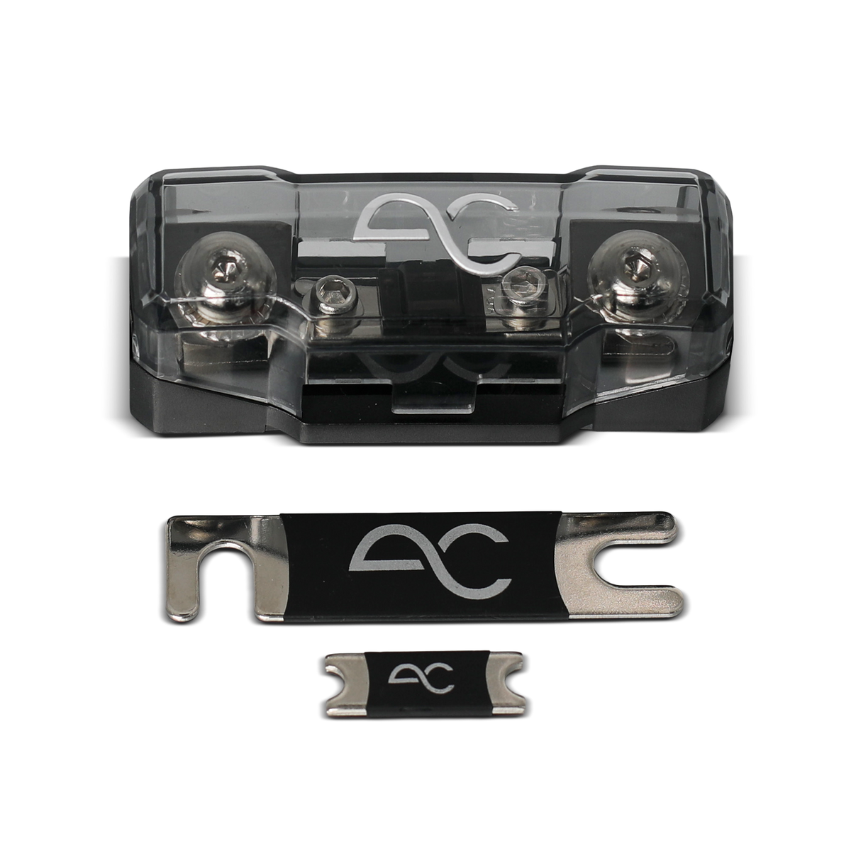 A black and clear automotive fuse holder with two metal fuse terminals, shown alongside two fuse inserts of different sizes on a white background.
