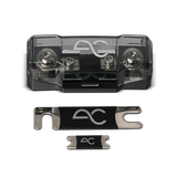 A black and clear automotive fuse holder with two metal fuse terminals, shown alongside two fuse inserts of different sizes on a white background.