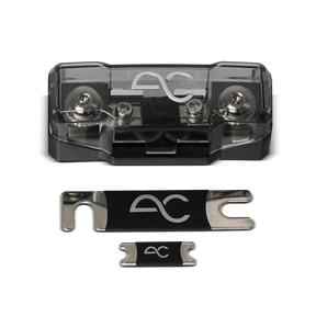 A black and clear automotive fuse holder with two metal fuse terminals, shown alongside two fuse inserts of different sizes on a white background.