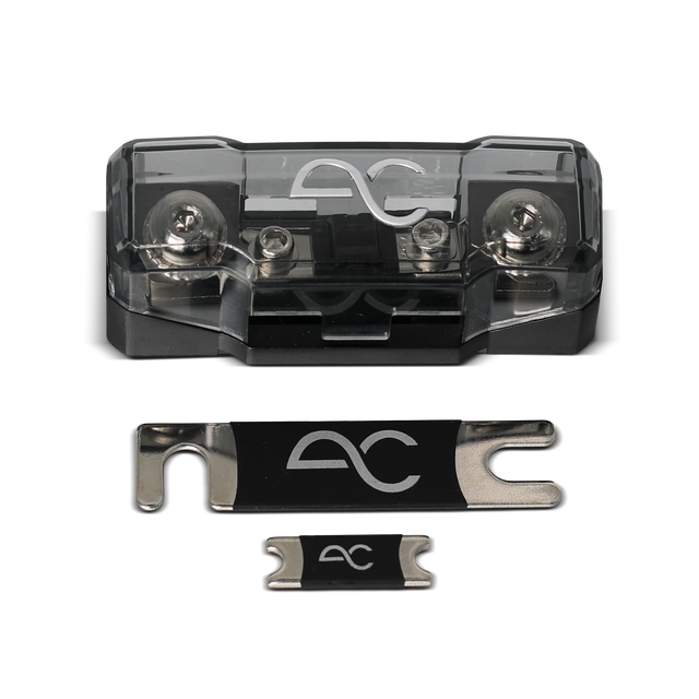 A black and clear automotive fuse holder with two metal fuse terminals, shown alongside two fuse inserts of different sizes on a white background.