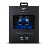 AudioControl Studio double-shielded directional twisted pair cable in its original black retail packaging, featuring a blue interior window display showing the cable connectors.