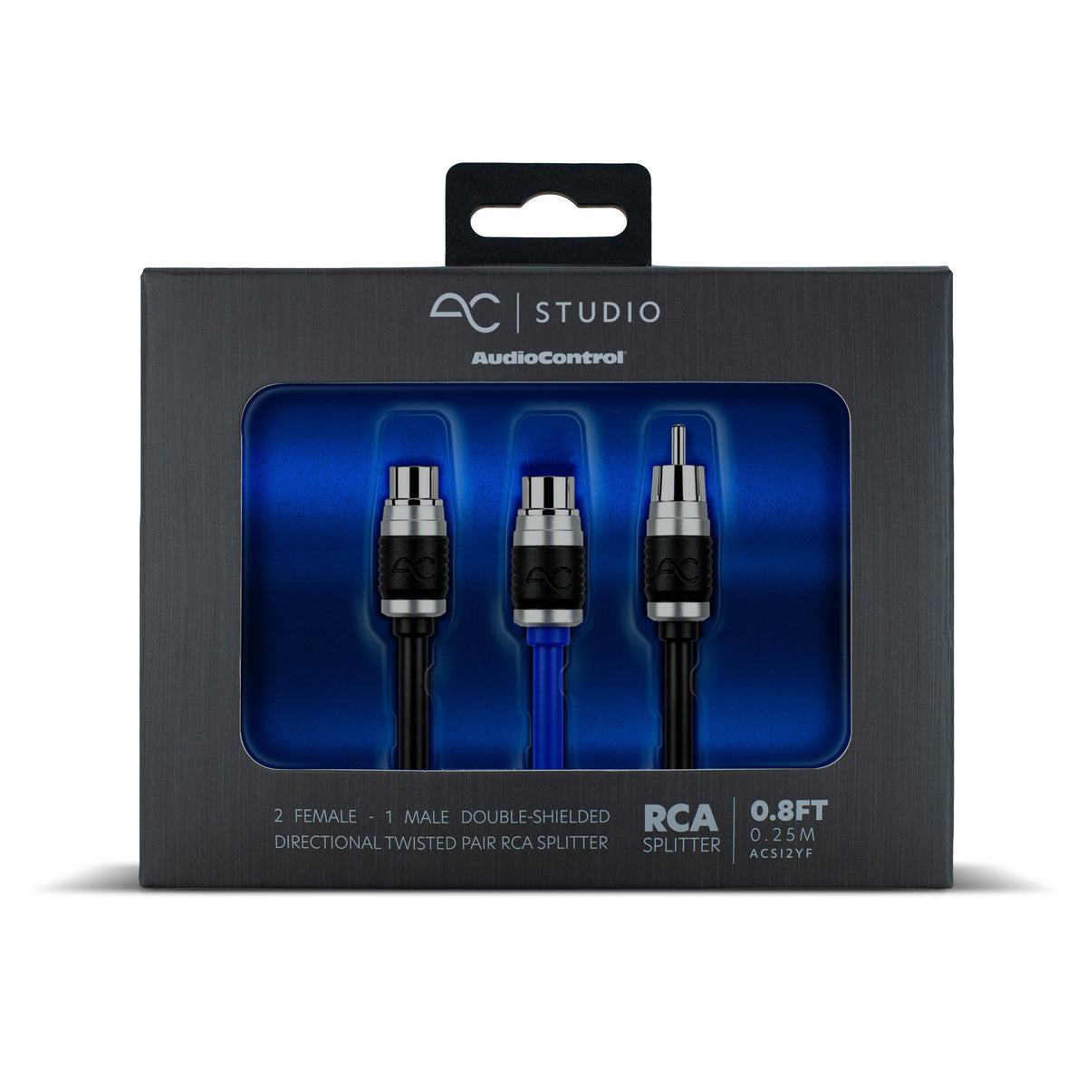 AC Studio AudioControl RCA splitter in retail packaging, showing a 0.8 ft 2 female 1 male double-shielded twisted pair cable with a blue center connector and black outer connectors.