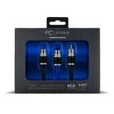 AC Studio AudioControl RCA splitter in retail packaging, showing a 0.8 ft 2 female 1 male double-shielded twisted pair cable with a blue center connector and black outer connectors.