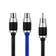 Three audio/video connector ends of a cable shown on a white background: two black connectors with silver and black AC branding, and one blue connector with silver and black branding.