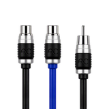Three audio/video connector ends of a cable shown on a white background: two black connectors with silver and black AC branding, and one blue connector with silver and black branding.