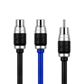 Three audio/video connector ends of a cable shown on a white background: two black connectors with silver and black AC branding, and one blue connector with silver and black branding.