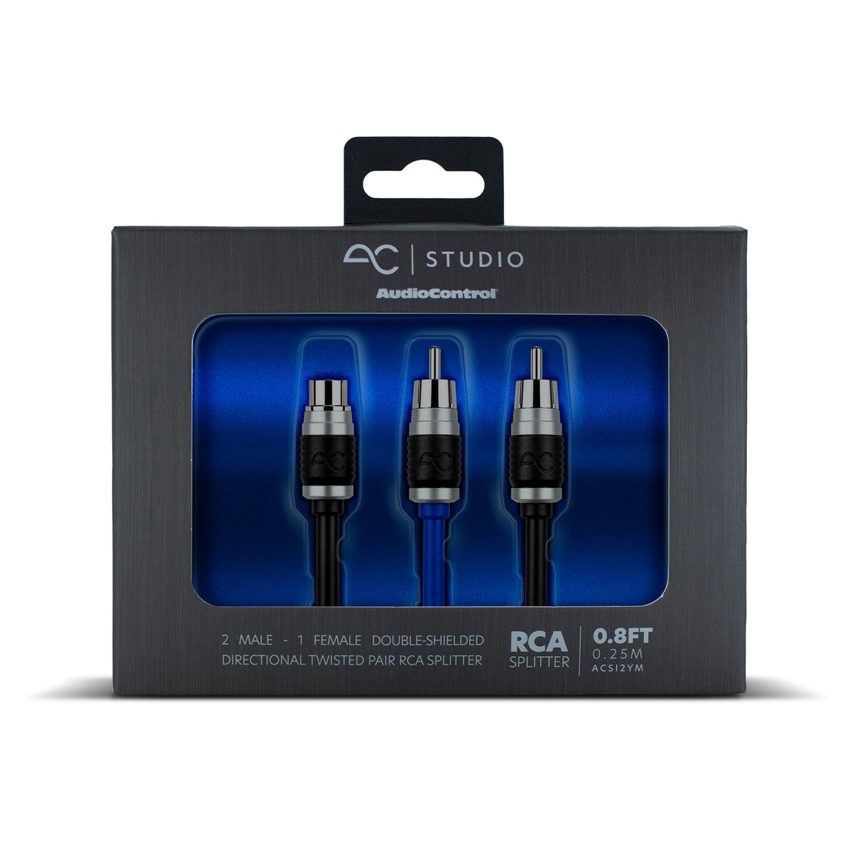 AudioControl AC Studio RCA splitter in retail packaging, showing a 2 male to 1 female directional twisted pair RCA splitter cable with silver and blue connectors visible through a clear window.