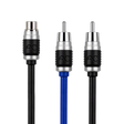 Three audio RCA adapter plugs on a white background, including two black cables and one blue cable, with silver and black connectors and the AC logo embossed on the black housing.