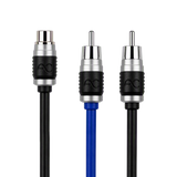 Three audio RCA adapter plugs on a white background, including two black cables and one blue cable, with silver and black connectors and the AC logo embossed on the black housing.