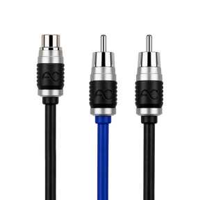 Three audio RCA adapter plugs on a white background, including two black cables and one blue cable, with silver and black connectors and the AC logo embossed on the black housing.