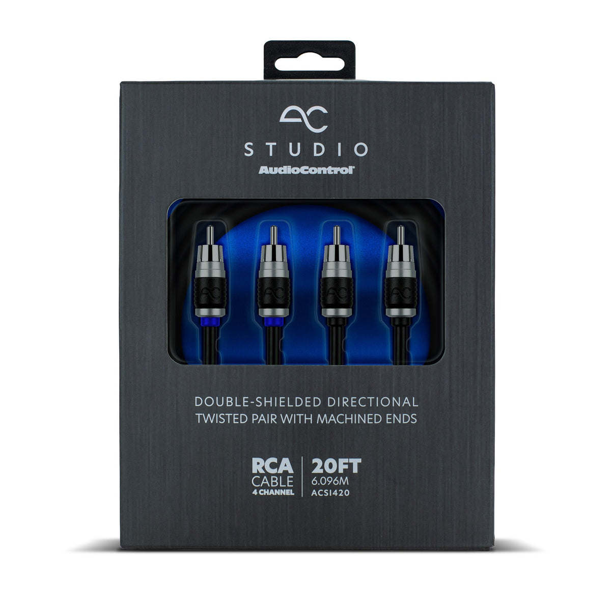 AudioControlr AC Studio 20-foot RCA cable in its original black brushed-metal retail box, showing four RCA connectors through a clear window.