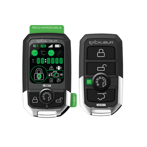 Two Excalibur remotes, including a green display remote marked rechargeable with a USB-C callout