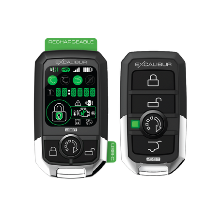 Two Excalibur remotes, including a green display remote marked rechargeable with a USB-C callout
