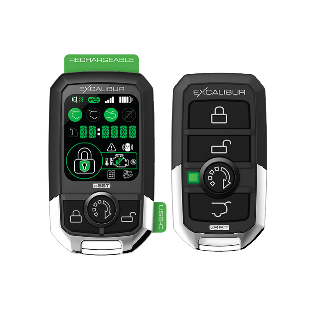 Two Excalibur remotes, including a green display remote marked rechargeable with a USB-C callout