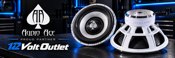White-basket Audio Ace subwoofers with Audio Ace and 12 Volt Outlet proud partner branding