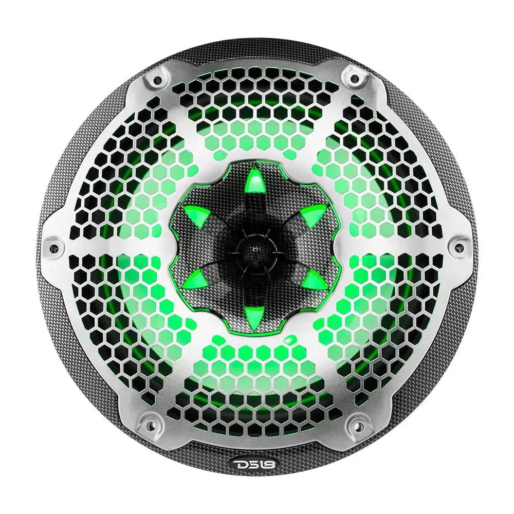 Front view of a DS18 speaker with a silver honeycomb grille, carbon-fiber-patterned trim and green illumination.