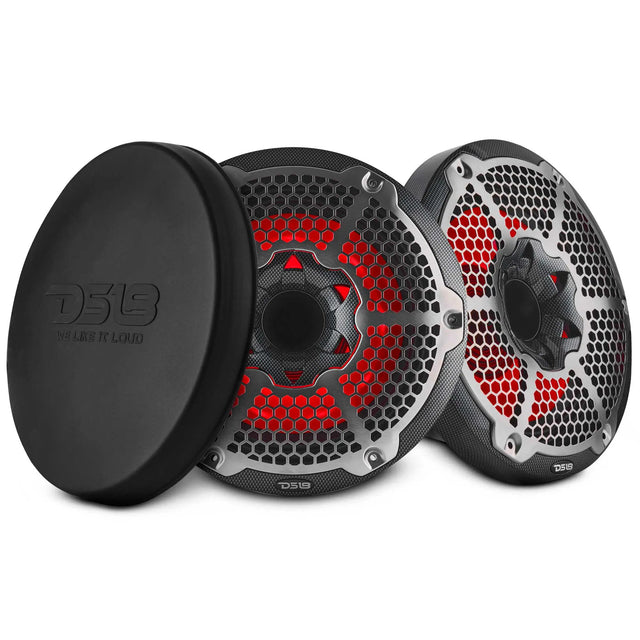 Pair of DS18 speakers with patterned black rims, silver grilles, red illumination and a cover