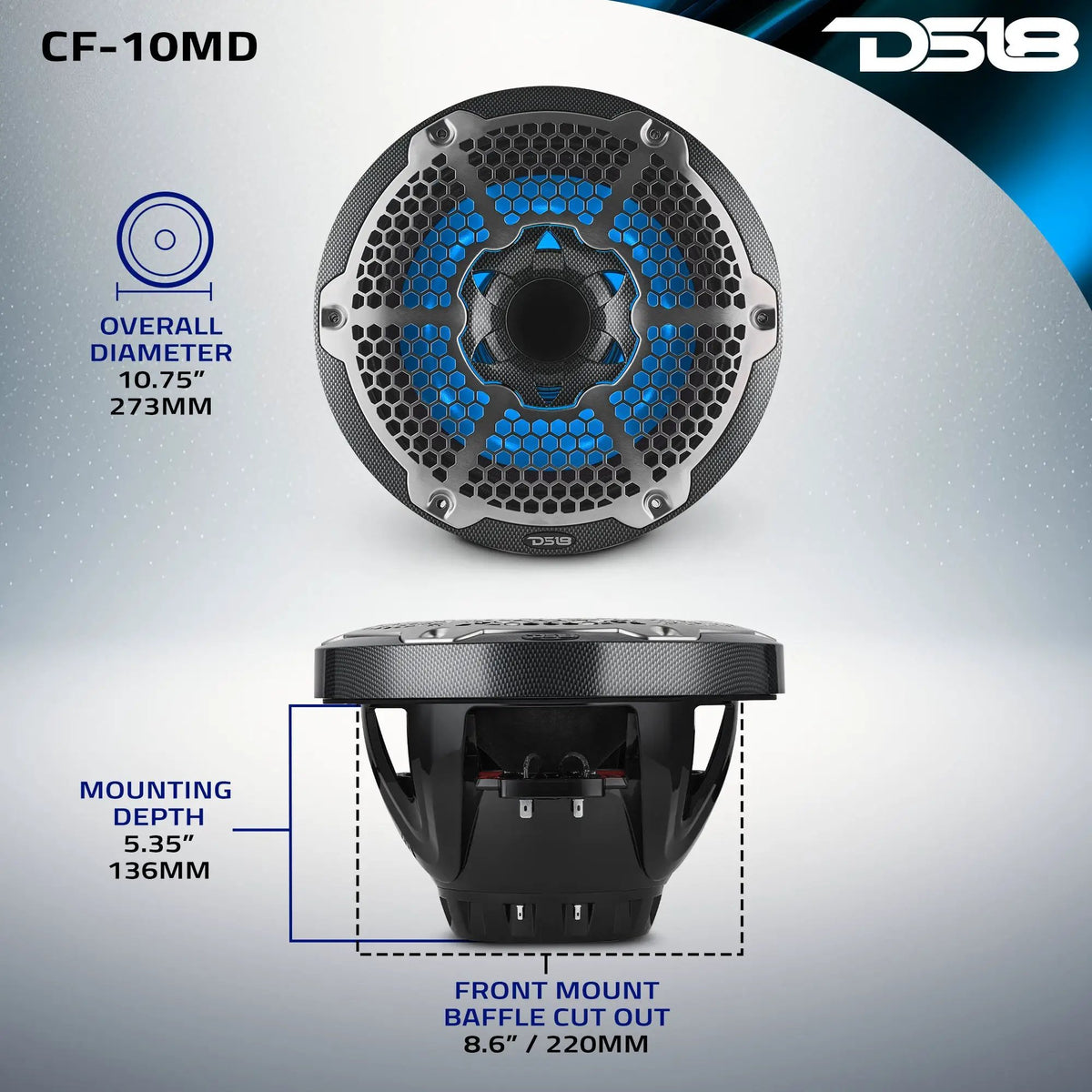 DS18 CF-10MD fit drawing showing a 220 mm mounting cutout, 136 mm depth and 273 mm overall diameter