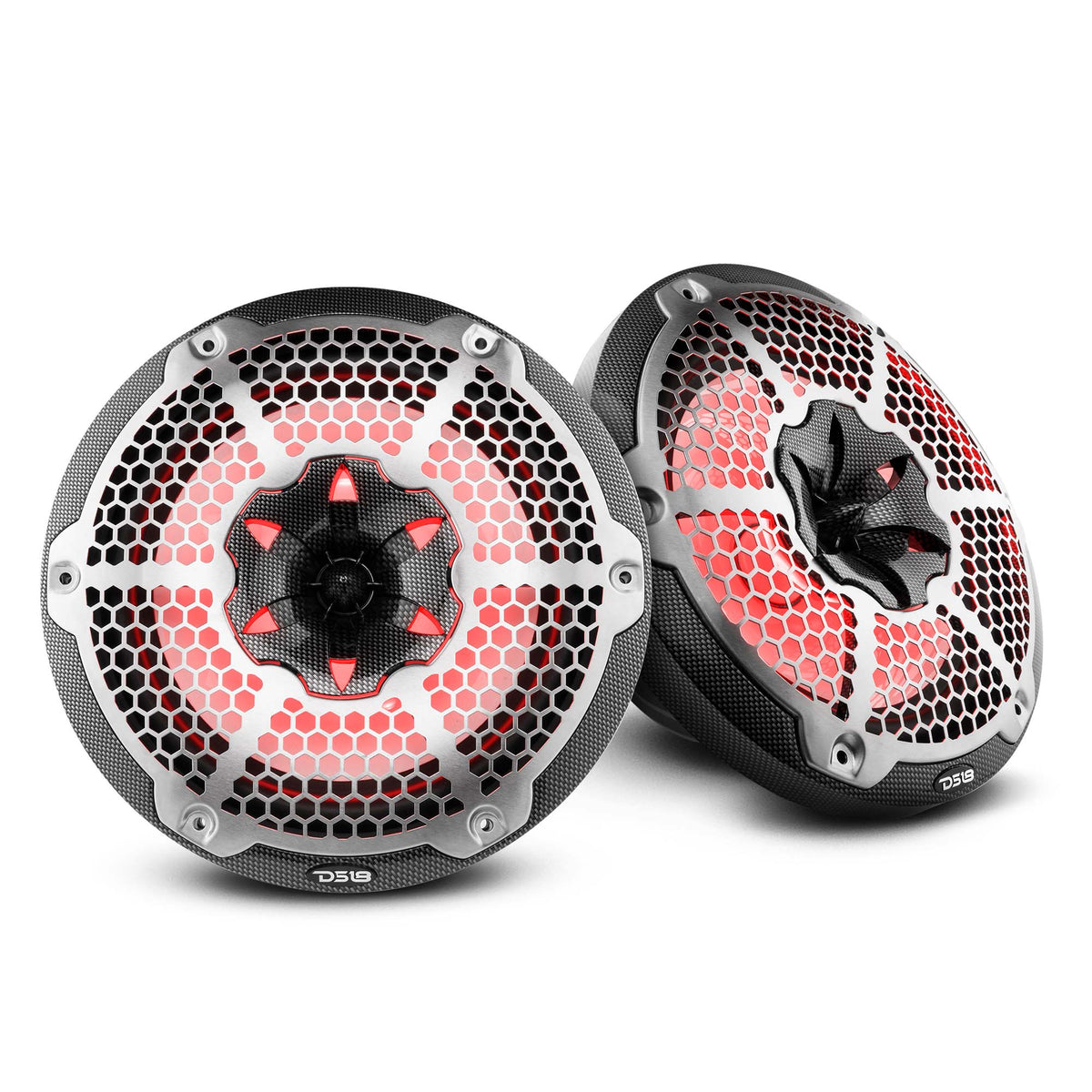 Pair of DS18 speakers with patterned black rims, silver grilles and red illumination