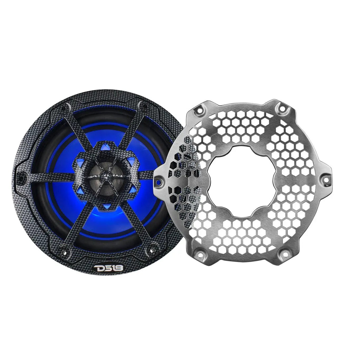 Carbon-fiber-patterned DS18 speaker with blue lighting shown beside its removed silver honeycomb grille