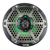 Front view of a carbon-fiber-pattern DS18 speaker with silver honeycomb grille and green illumination