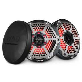Pair of DS18 speakers with patterned black rims, silver grilles, red illumination and a cover