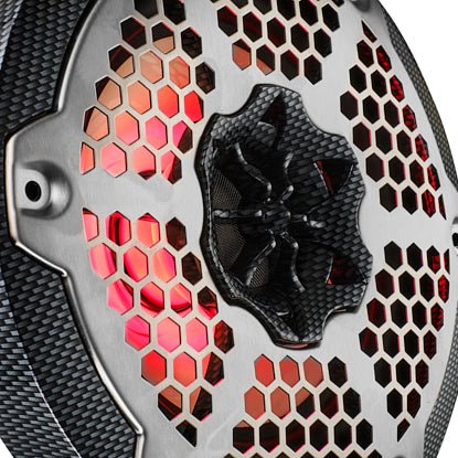 Close-up of a carbon-pattern speaker frame, silver honeycomb grille and red illumination